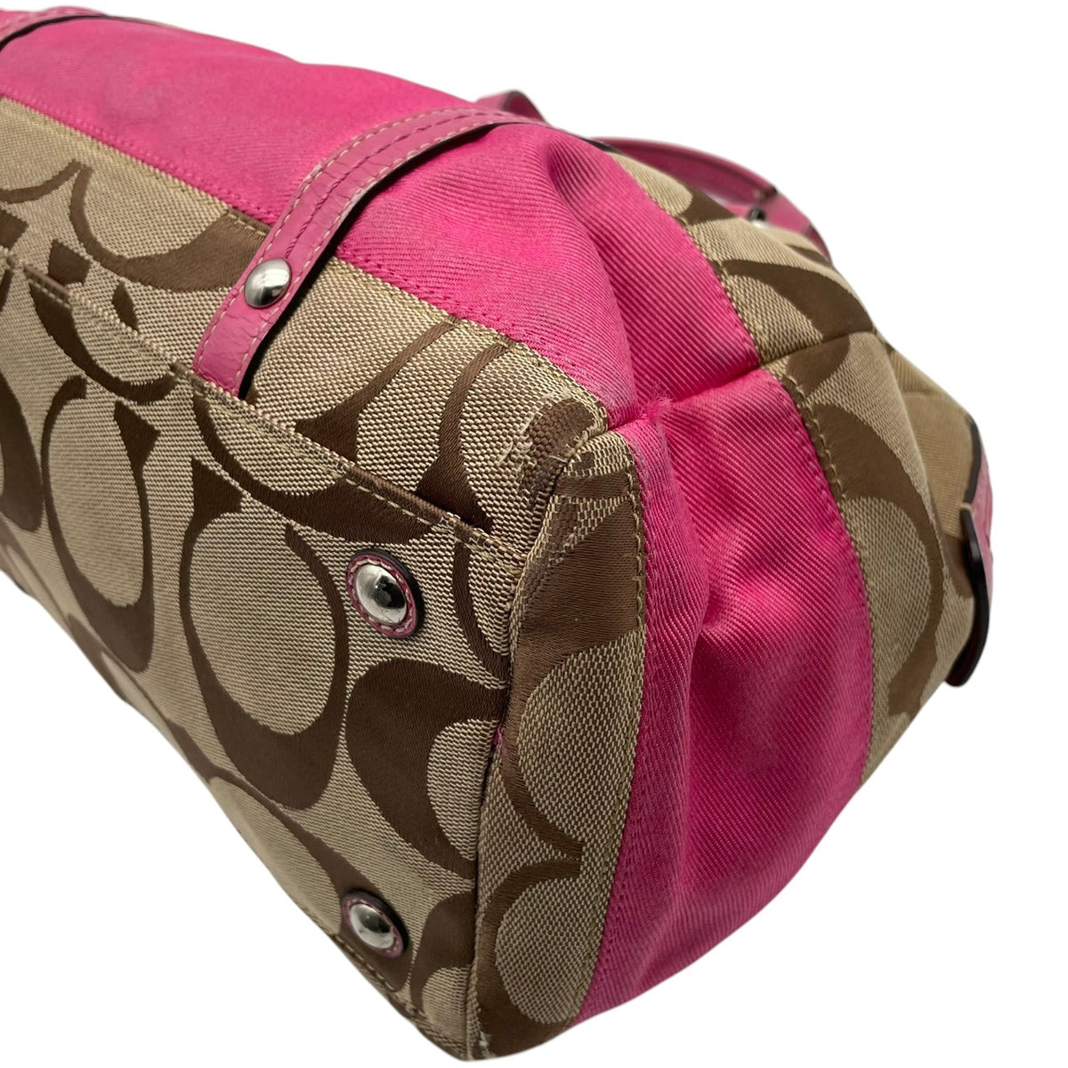 【良品】COACH コーチ F13551 シグネチャー ストライプ ミニボストンバッグ ハンドバッグ トートバッグ キャンバス レザー ベージュ ピンク パテントレザー レディース 肩掛け デイリー カジュアル おしゃれ かわいい S92