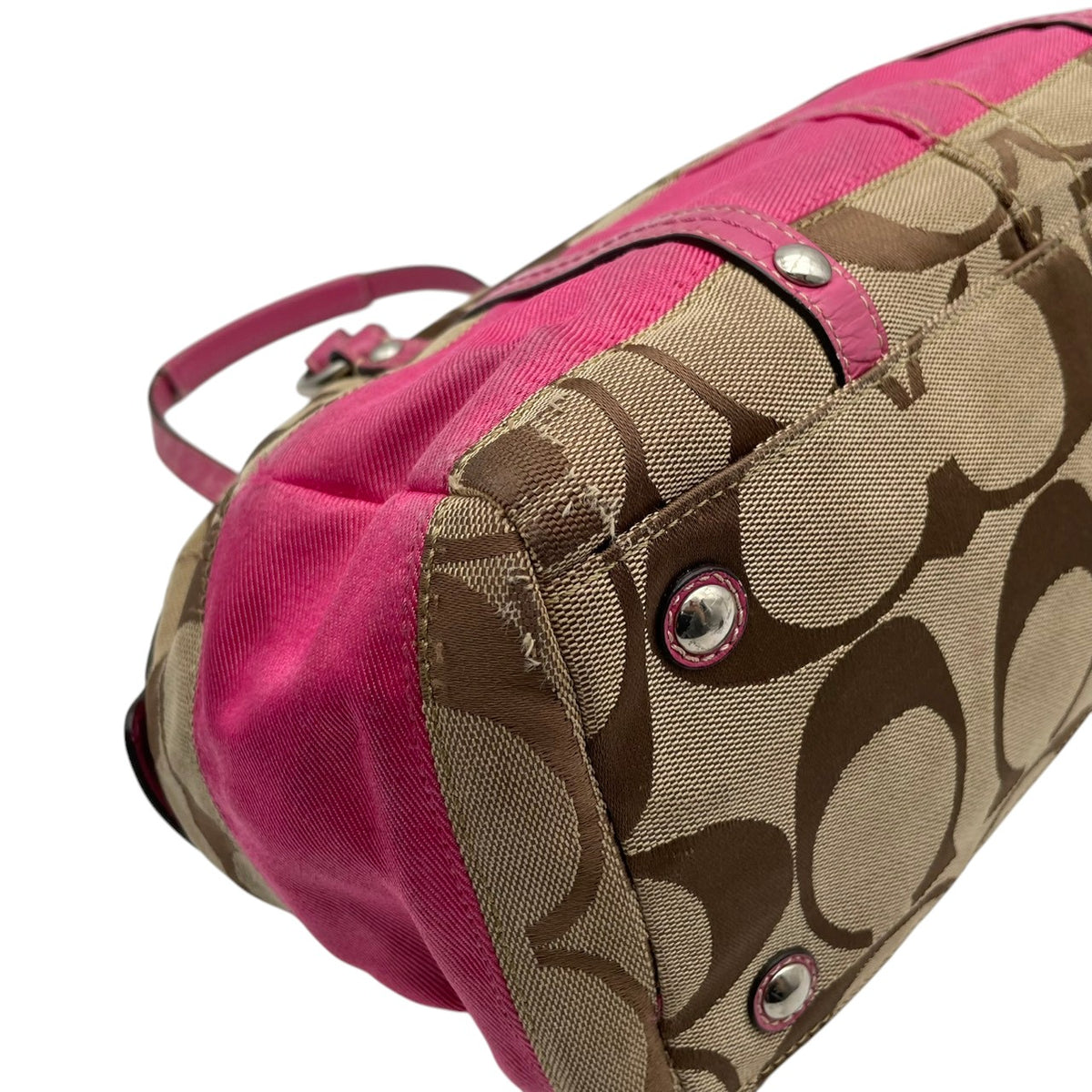 【良品】COACH コーチ F13551 シグネチャー ストライプ ミニボストンバッグ ハンドバッグ トートバッグ キャンバス レザー ベージュ ピンク パテントレザー レディース 肩掛け デイリー カジュアル おしゃれ かわいい S92