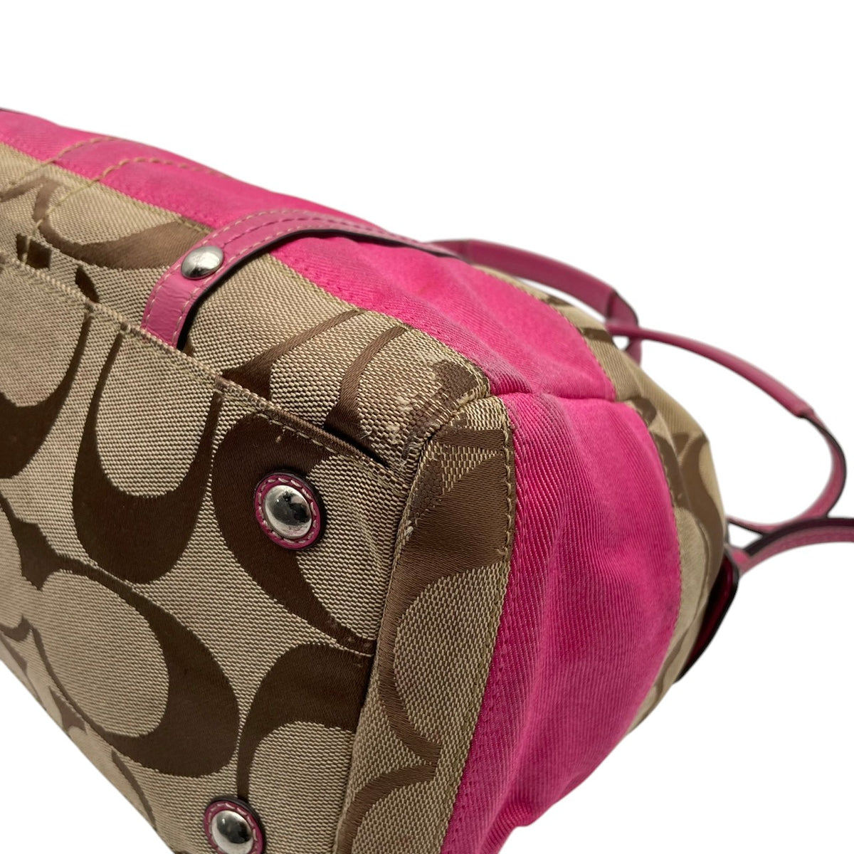 【良品】COACH コーチ F13551 シグネチャー ストライプ ミニボストンバッグ ハンドバッグ トートバッグ キャンバス レザー ベージュ ピンク パテントレザー レディース 肩掛け デイリー カジュアル おしゃれ かわいい S92