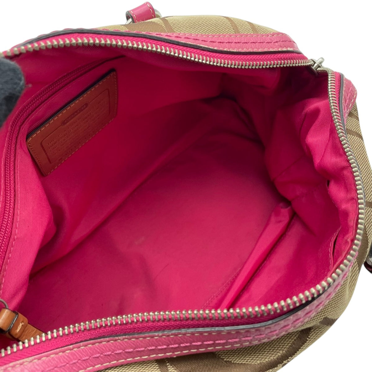 【良品】COACH コーチ F13551 シグネチャー ストライプ ミニボストンバッグ ハンドバッグ トートバッグ キャンバス レザー ベージュ ピンク パテントレザー レディース 肩掛け デイリー カジュアル おしゃれ かわいい S92