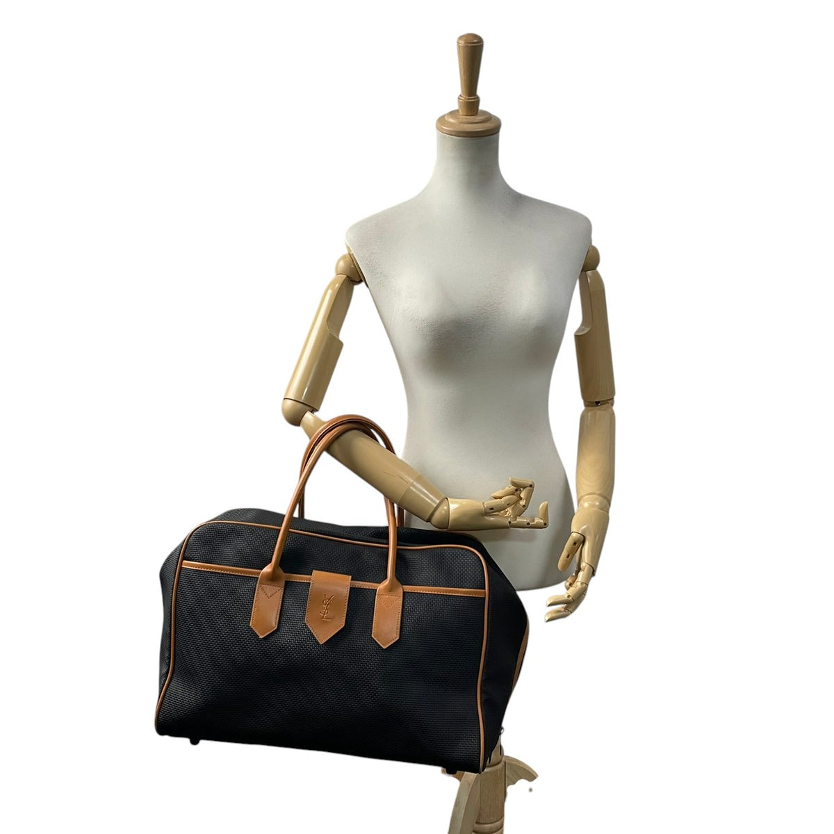 【美品】イヴサンローラン YSL ボストンバッグ ハンドバッグ PVCレザー ブラック キャメルブラウン ヴィンテージ YSLロゴ 大容量 旅行 出張 メンズ レディース オシャレ S20