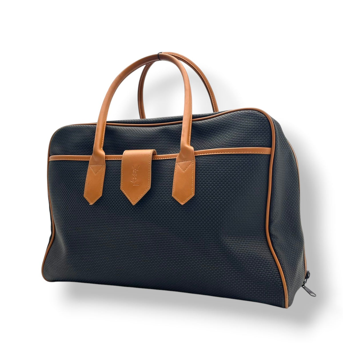 【美品】イヴサンローラン YSL ボストンバッグ ハンドバッグ PVCレザー ブラック キャメルブラウン ヴィンテージ YSLロゴ 大容量 旅行 出張 メンズ レディース オシャレ S20