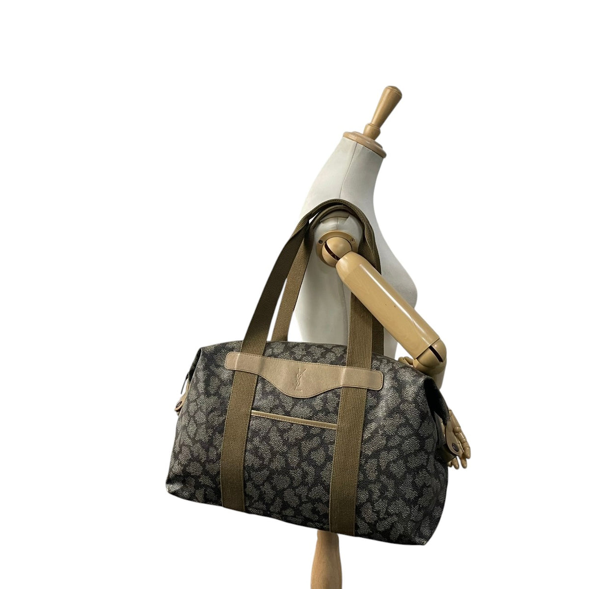 【美品】イヴサンローラン YSL ボストンバッグ ジラフ柄 PVCレザー ブラウン ベージュ ヴィンテージ 肩掛け 大容量 旅行 出張 トラベル メンズ レディース カバン 鞄 オシャレ S20