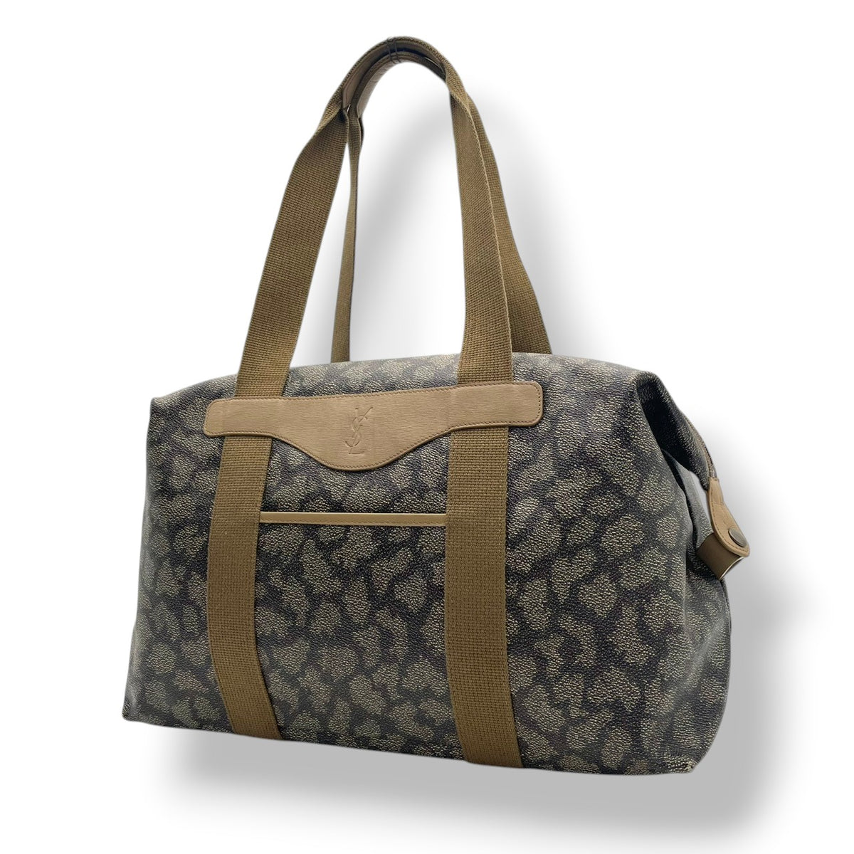 【美品】イヴサンローラン YSL ボストンバッグ ジラフ柄 PVCレザー ブラウン ベージュ ヴィンテージ 肩掛け 大容量 旅行 出張 トラベル メンズ レディース カバン 鞄 オシャレ S20