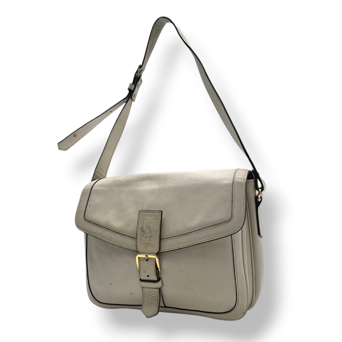 【良品】イヴサンローラン YSL ショルダーバッグ PVCレザー アイボリー 白系 斜め掛け 肩掛け フラップ フラップ付き ヴィンテージ YSL刻印 ロゴ刻印 レディース カバン 鞄 お出かけ デイリー カジュアル エレガント 上品 高級感 オシャレ S20