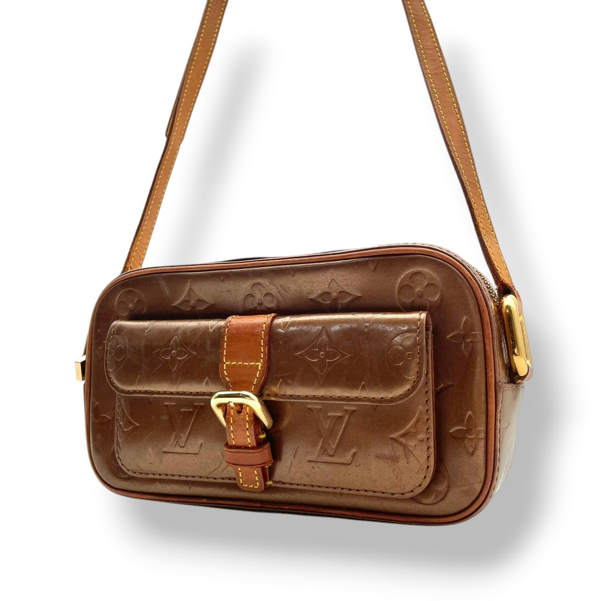 【良品】ルイヴィトン LOUIS VUITTON ショルダーバッグ モノグラム ヴェルニ クリスティMM パテントレザー ブロンズ 斜め掛け 肩掛け エナメル フラップポケット クラシック 高級感 エレガント 上品 レディース ブランド S20