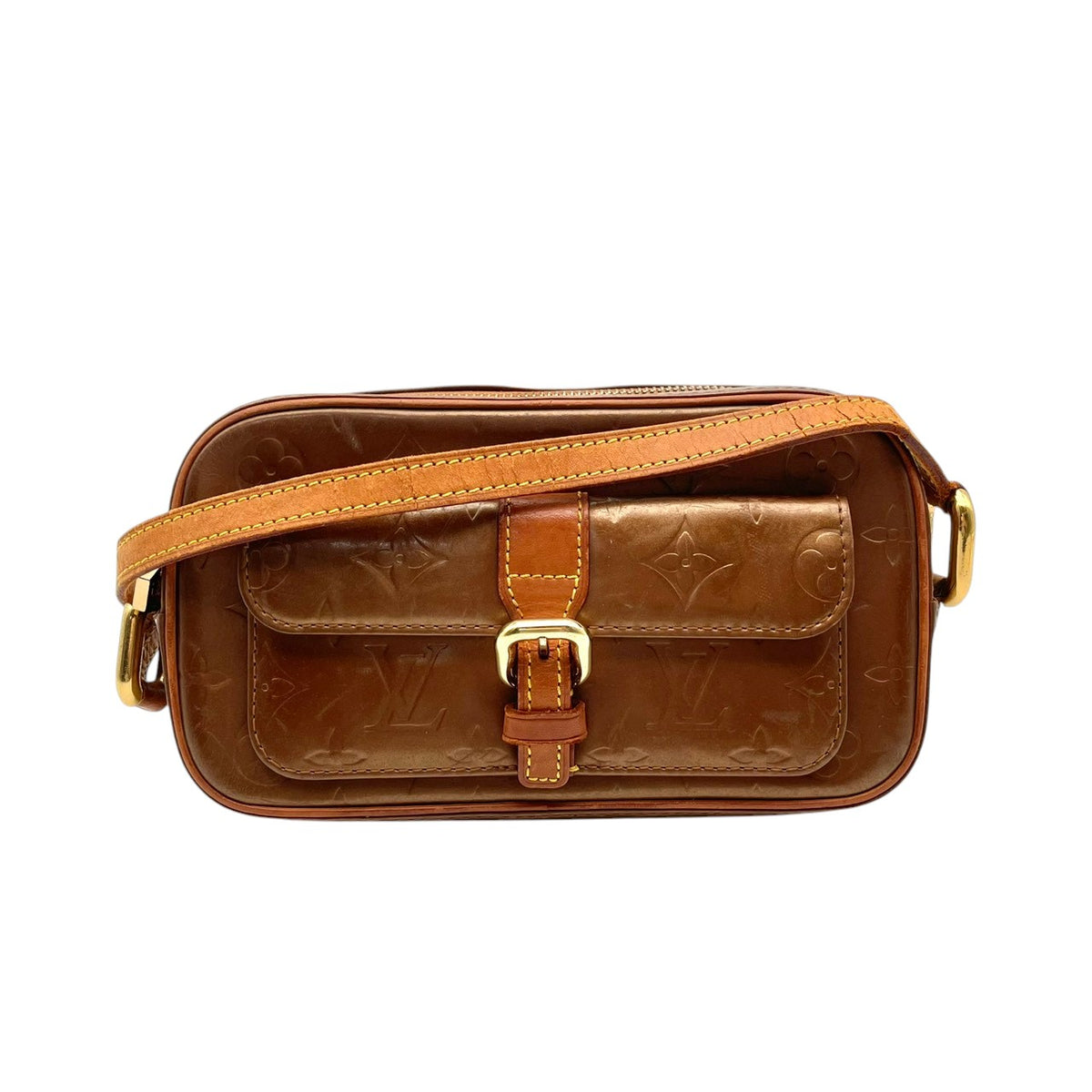 【良品】ルイヴィトン LOUIS VUITTON ショルダーバッグ モノグラム ヴェルニ クリスティMM パテントレザー ブロンズ 斜め掛け 肩掛け エナメル フラップポケット クラシック 高級感 エレガント 上品 レディース ブランド S20