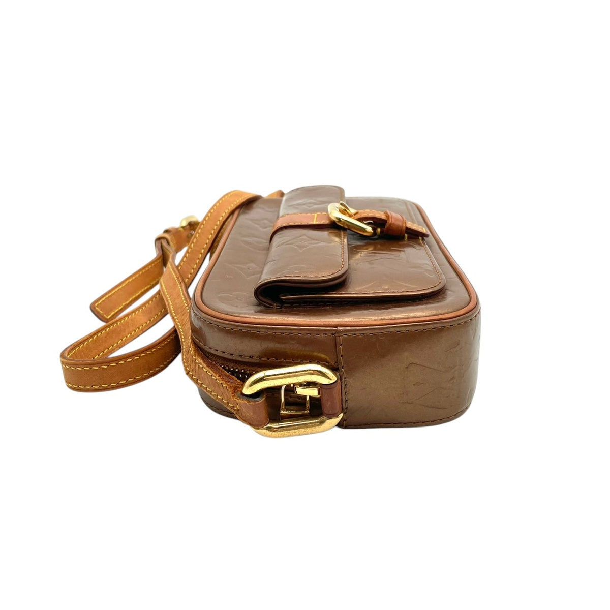 【良品】ルイヴィトン LOUIS VUITTON ショルダーバッグ モノグラム ヴェルニ クリスティMM パテントレザー ブロンズ 斜め掛け 肩掛け エナメル フラップポケット クラシック 高級感 エレガント 上品 レディース ブランド S20