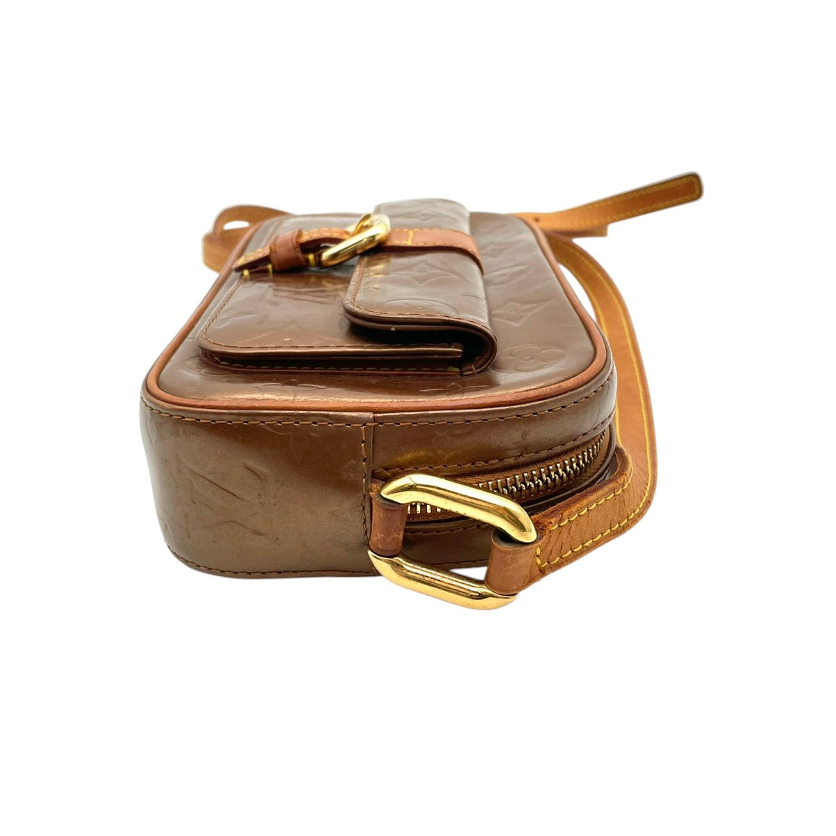 【良品】ルイヴィトン LOUIS VUITTON ショルダーバッグ モノグラム ヴェルニ クリスティMM パテントレザー ブロンズ 斜め掛け 肩掛け エナメル フラップポケット クラシック 高級感 エレガント 上品 レディース ブランド S20