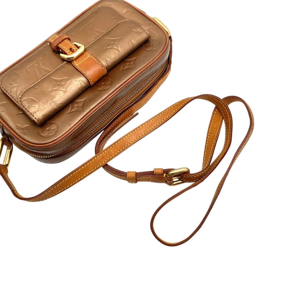 【良品】ルイヴィトン LOUIS VUITTON ショルダーバッグ モノグラム ヴェルニ クリスティMM パテントレザー ブロンズ 斜め掛け 肩掛け エナメル フラップポケット クラシック 高級感 エレガント 上品 レディース ブランド S20