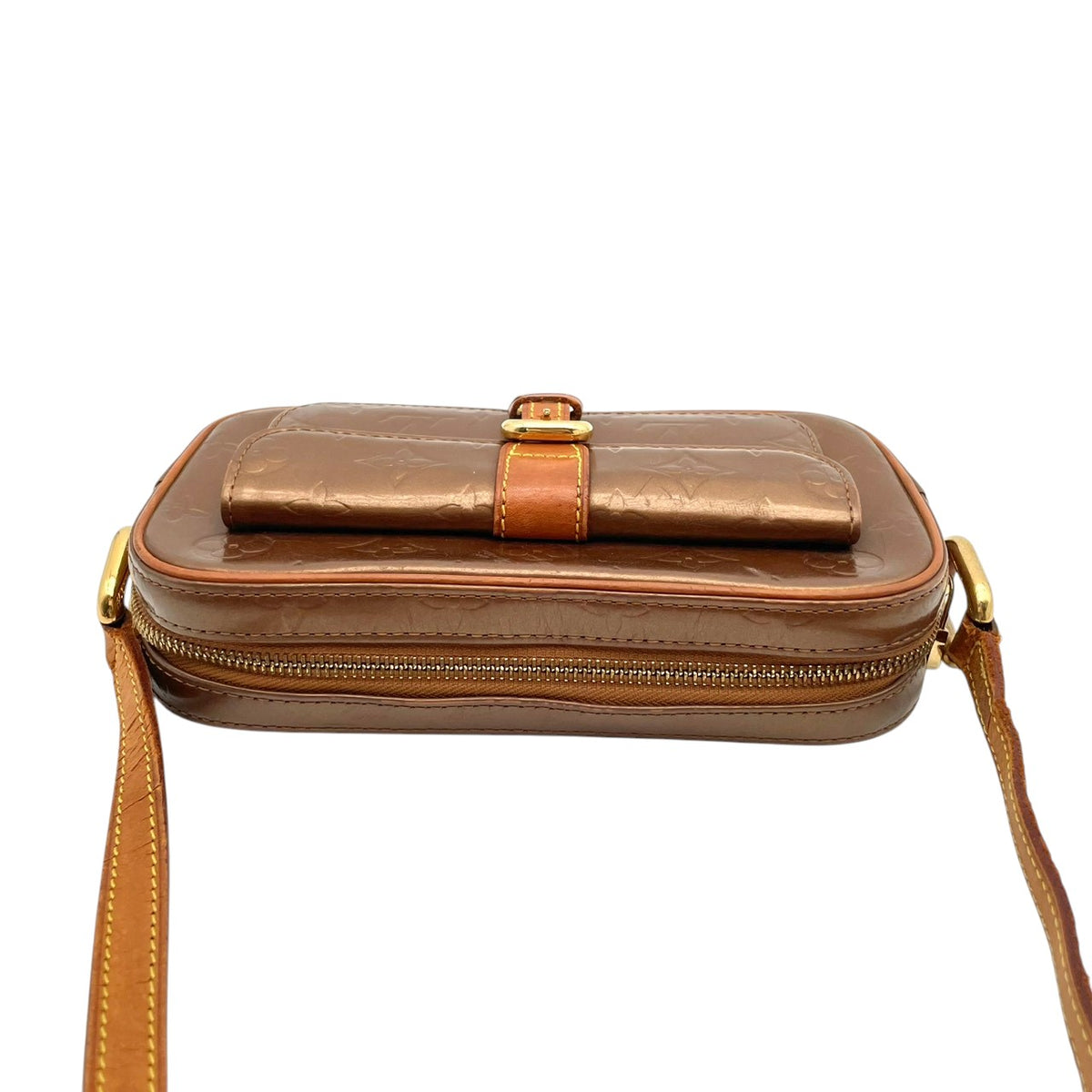 【良品】ルイヴィトン LOUIS VUITTON ショルダーバッグ モノグラム ヴェルニ クリスティMM パテントレザー ブロンズ 斜め掛け 肩掛け エナメル フラップポケット クラシック 高級感 エレガント 上品 レディース ブランド S20