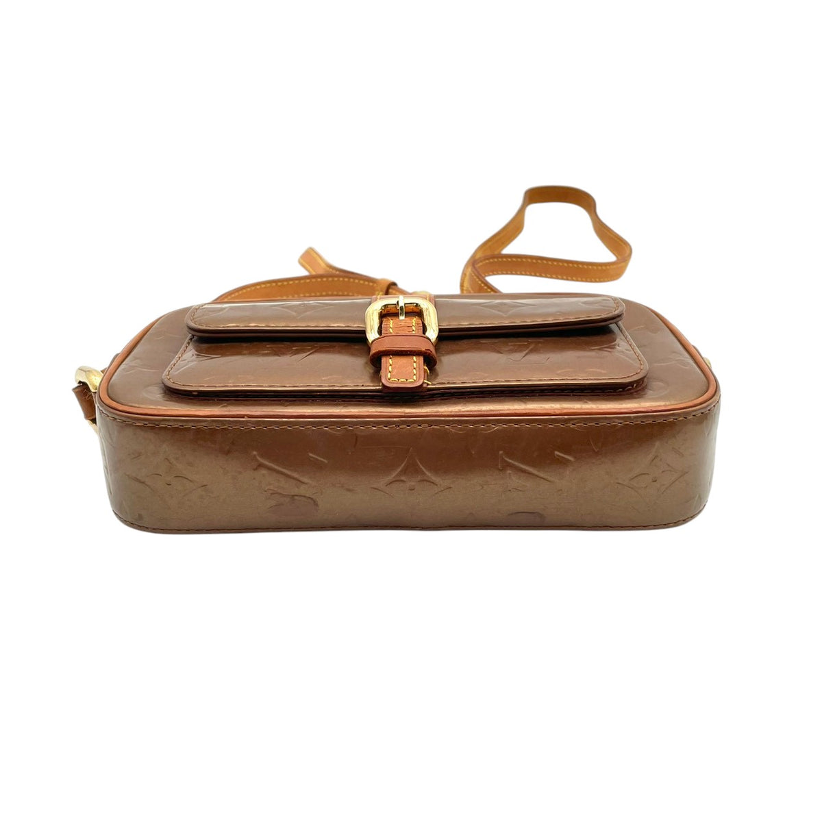 【良品】ルイヴィトン LOUIS VUITTON ショルダーバッグ モノグラム ヴェルニ クリスティMM パテントレザー ブロンズ 斜め掛け 肩掛け エナメル フラップポケット クラシック 高級感 エレガント 上品 レディース ブランド S20