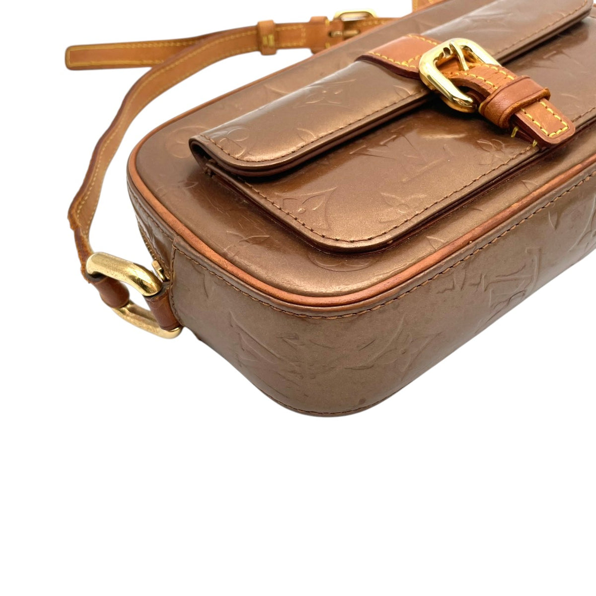 【良品】ルイヴィトン LOUIS VUITTON ショルダーバッグ モノグラム ヴェルニ クリスティMM パテントレザー ブロンズ 斜め掛け 肩掛け エナメル フラップポケット クラシック 高級感 エレガント 上品 レディース ブランド S20