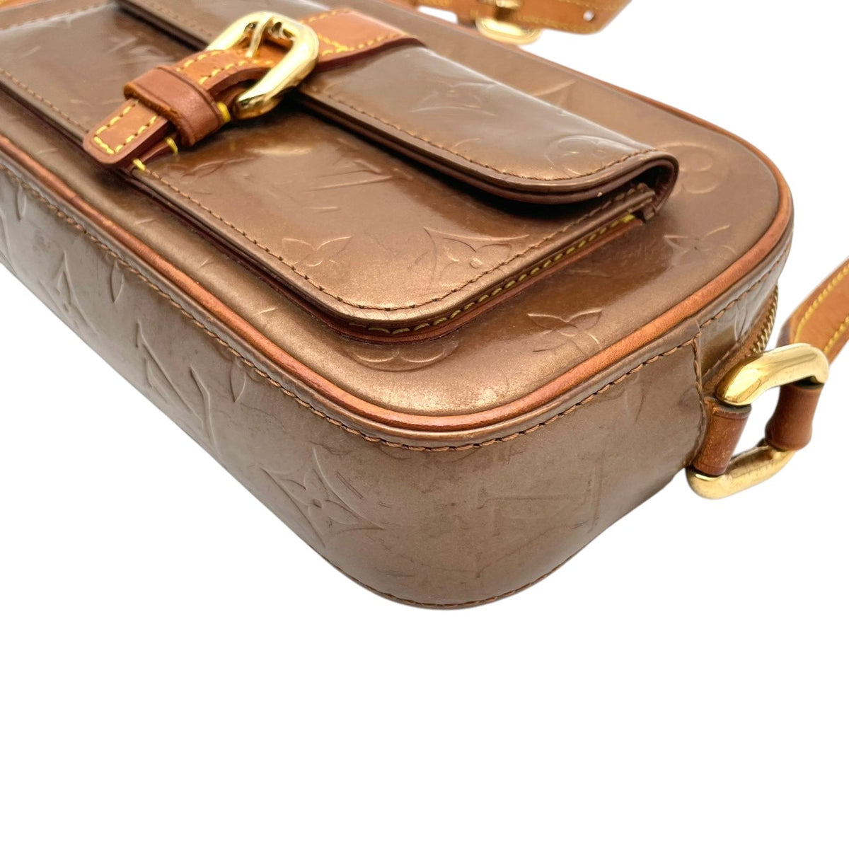 【良品】ルイヴィトン LOUIS VUITTON ショルダーバッグ モノグラム ヴェルニ クリスティMM パテントレザー ブロンズ 斜め掛け 肩掛け エナメル フラップポケット クラシック 高級感 エレガント 上品 レディース ブランド S20