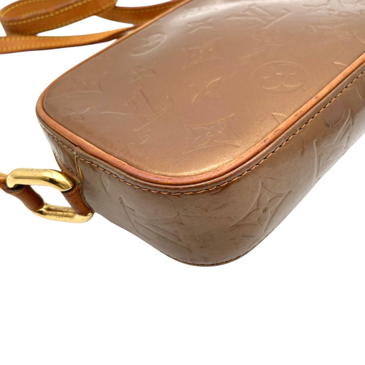【良品】ルイヴィトン LOUIS VUITTON ショルダーバッグ モノグラム ヴェルニ クリスティMM パテントレザー ブロンズ 斜め掛け 肩掛け エナメル フラップポケット クラシック 高級感 エレガント 上品 レディース ブランド S20