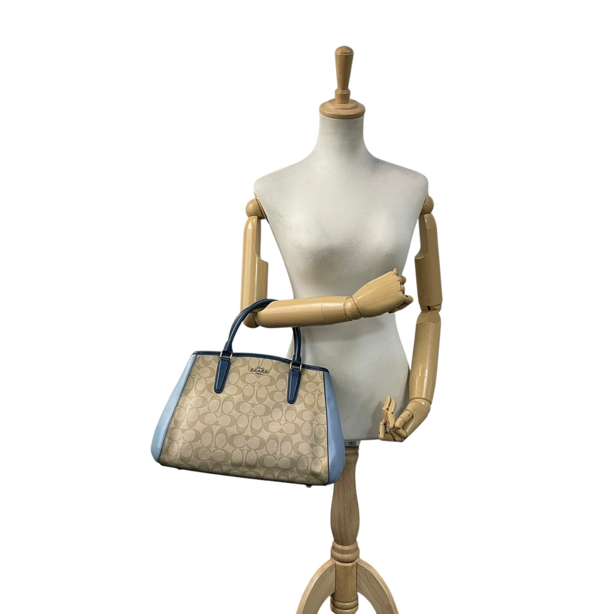 【美品】COACH コーチ 2WAYハンドバッグ ショルダーバッグ シグネチャー カラーブロック マーゴット キャリーオール PVC レザー ベージュ ライトブルー 斜め掛け 肩掛け カバン 鞄 レディース オシャレ ブランド S90