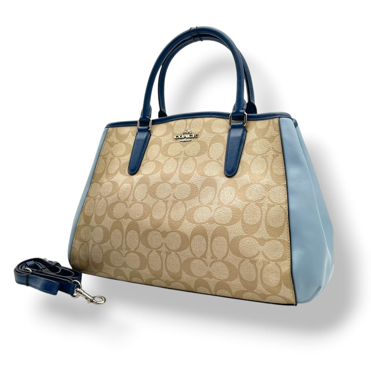 【美品】COACH コーチ 2WAYハンドバッグ ショルダーバッグ シグネチャー カラーブロック マーゴット キャリーオール PVC レザー ベージュ ライトブルー 斜め掛け 肩掛け カバン 鞄 レディース オシャレ ブランド S90