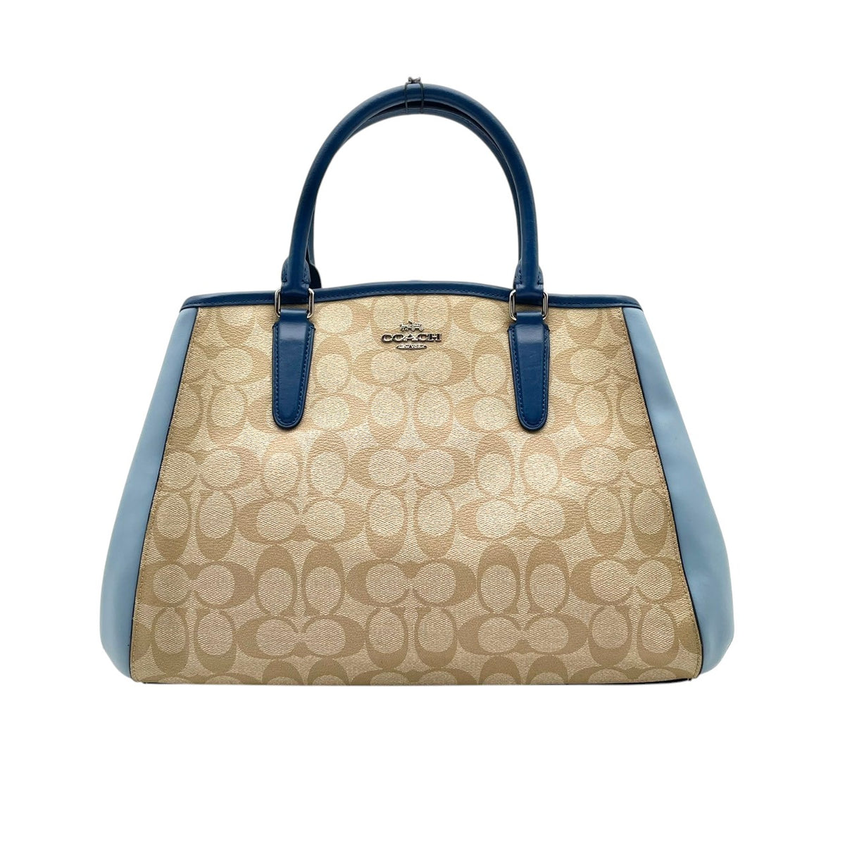 【美品】COACH コーチ 2WAYハンドバッグ ショルダーバッグ シグネチャー カラーブロック マーゴット キャリーオール PVC レザー ベージュ ライトブルー 斜め掛け 肩掛け カバン 鞄 レディース オシャレ ブランド S90