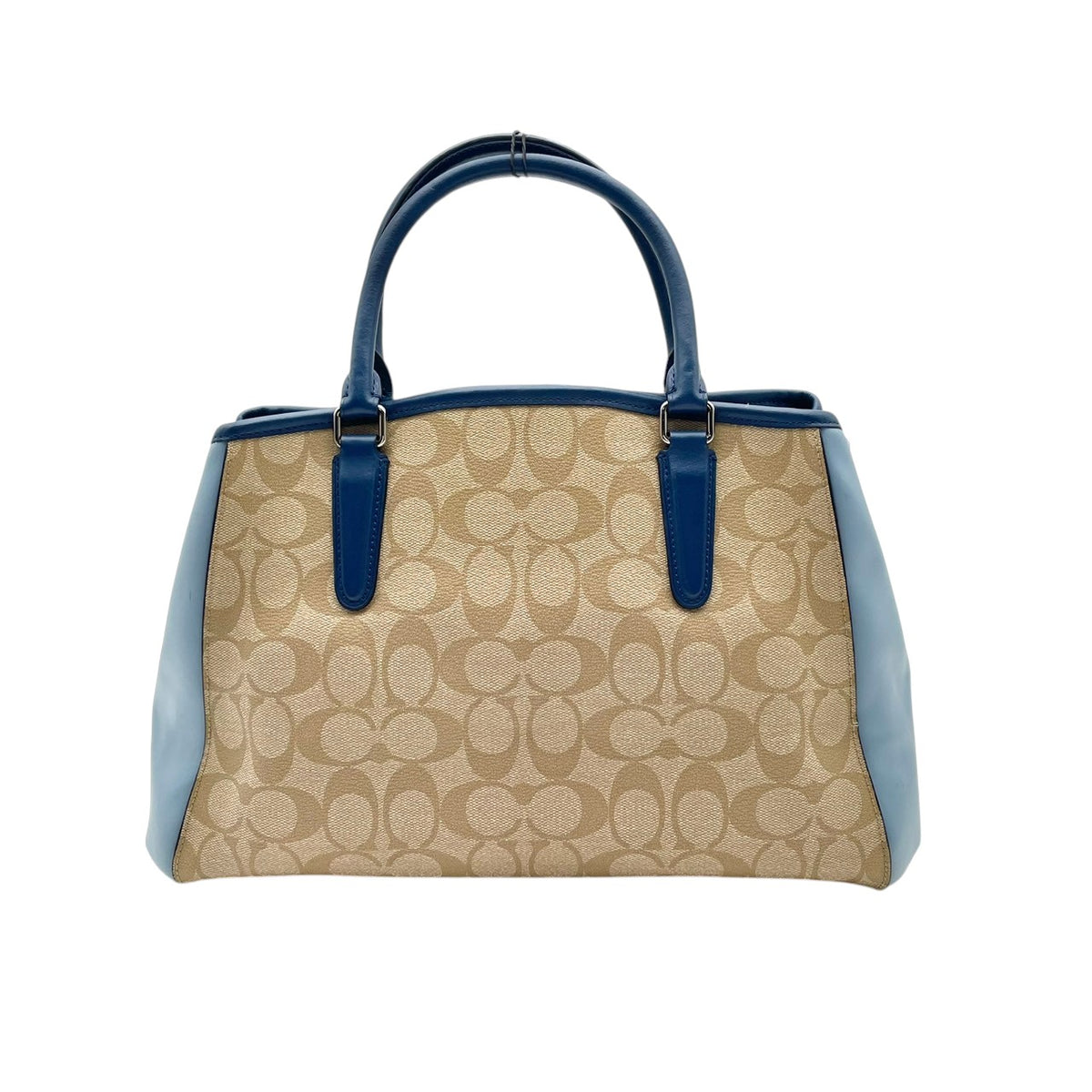 【美品】COACH コーチ 2WAYハンドバッグ ショルダーバッグ シグネチャー カラーブロック マーゴット キャリーオール PVC レザー ベージュ ライトブルー 斜め掛け 肩掛け カバン 鞄 レディース オシャレ ブランド S90