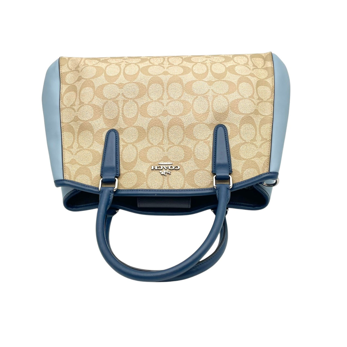 【美品】COACH コーチ 2WAYハンドバッグ ショルダーバッグ シグネチャー カラーブロック マーゴット キャリーオール PVC レザー ベージュ ライトブルー 斜め掛け 肩掛け カバン 鞄 レディース オシャレ ブランド S90