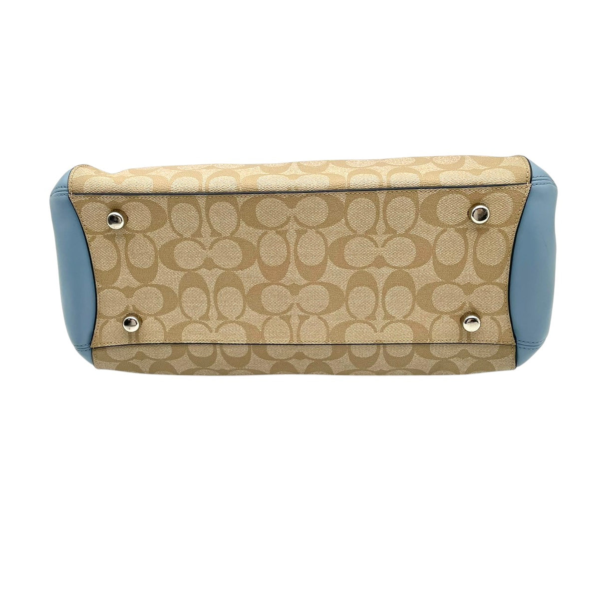 【美品】COACH コーチ 2WAYハンドバッグ ショルダーバッグ シグネチャー カラーブロック マーゴット キャリーオール PVC レザー ベージュ ライトブルー 斜め掛け 肩掛け カバン 鞄 レディース オシャレ ブランド S90