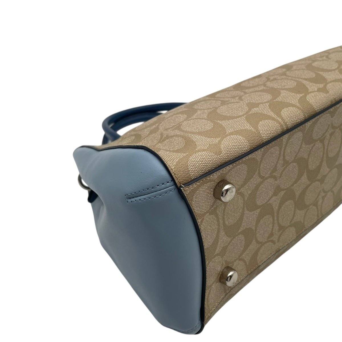 【美品】COACH コーチ 2WAYハンドバッグ ショルダーバッグ シグネチャー カラーブロック マーゴット キャリーオール PVC レザー ベージュ ライトブルー 斜め掛け 肩掛け カバン 鞄 レディース オシャレ ブランド S90
