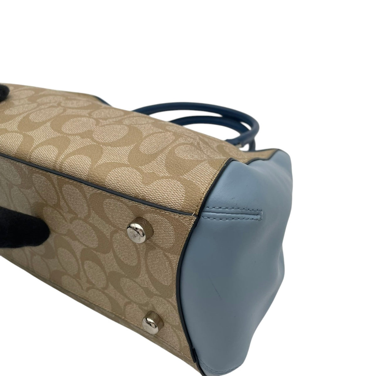 【美品】COACH コーチ 2WAYハンドバッグ ショルダーバッグ シグネチャー カラーブロック マーゴット キャリーオール PVC レザー ベージュ ライトブルー 斜め掛け 肩掛け カバン 鞄 レディース オシャレ ブランド S90