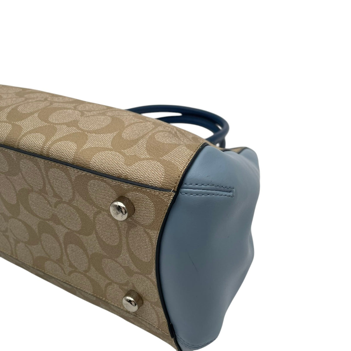 【美品】COACH コーチ 2WAYハンドバッグ ショルダーバッグ シグネチャー カラーブロック マーゴット キャリーオール PVC レザー ベージュ ライトブルー 斜め掛け 肩掛け カバン 鞄 レディース オシャレ ブランド S90