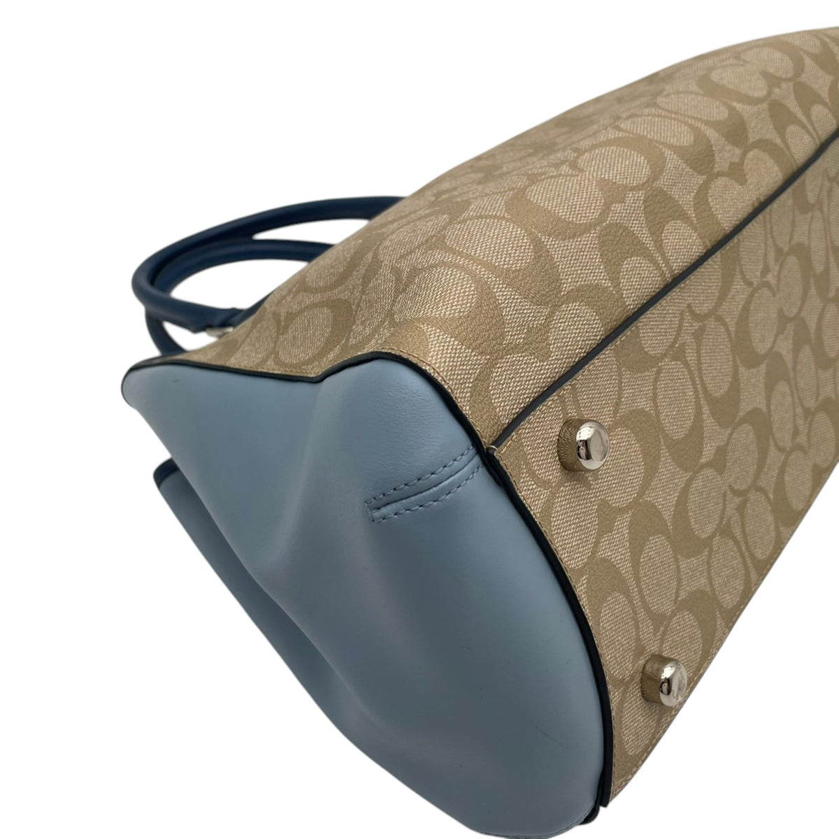 【美品】COACH コーチ 2WAYハンドバッグ ショルダーバッグ シグネチャー カラーブロック マーゴット キャリーオール PVC レザー ベージュ ライトブルー 斜め掛け 肩掛け カバン 鞄 レディース オシャレ ブランド S90