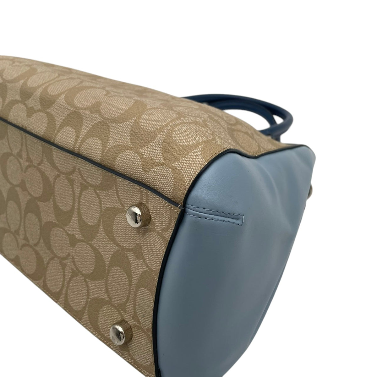 【美品】COACH コーチ 2WAYハンドバッグ ショルダーバッグ シグネチャー カラーブロック マーゴット キャリーオール PVC レザー ベージュ ライトブルー 斜め掛け 肩掛け カバン 鞄 レディース オシャレ ブランド S90