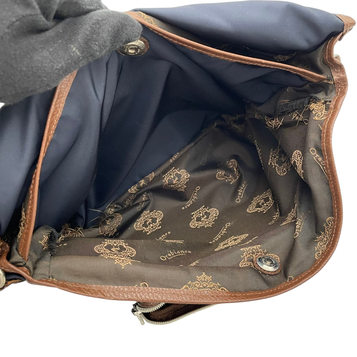 【良品】Orobianco オロビアンコ 2WAY ショルダーバッグ ハンドバッグ ナイロン レザー ネイビー 紺 ブラウン 茶 斜め掛け 肩掛け A4収納可能 軽量 ビジネス カジュアル メンズ レディース カバン 鞄 S98ｖ