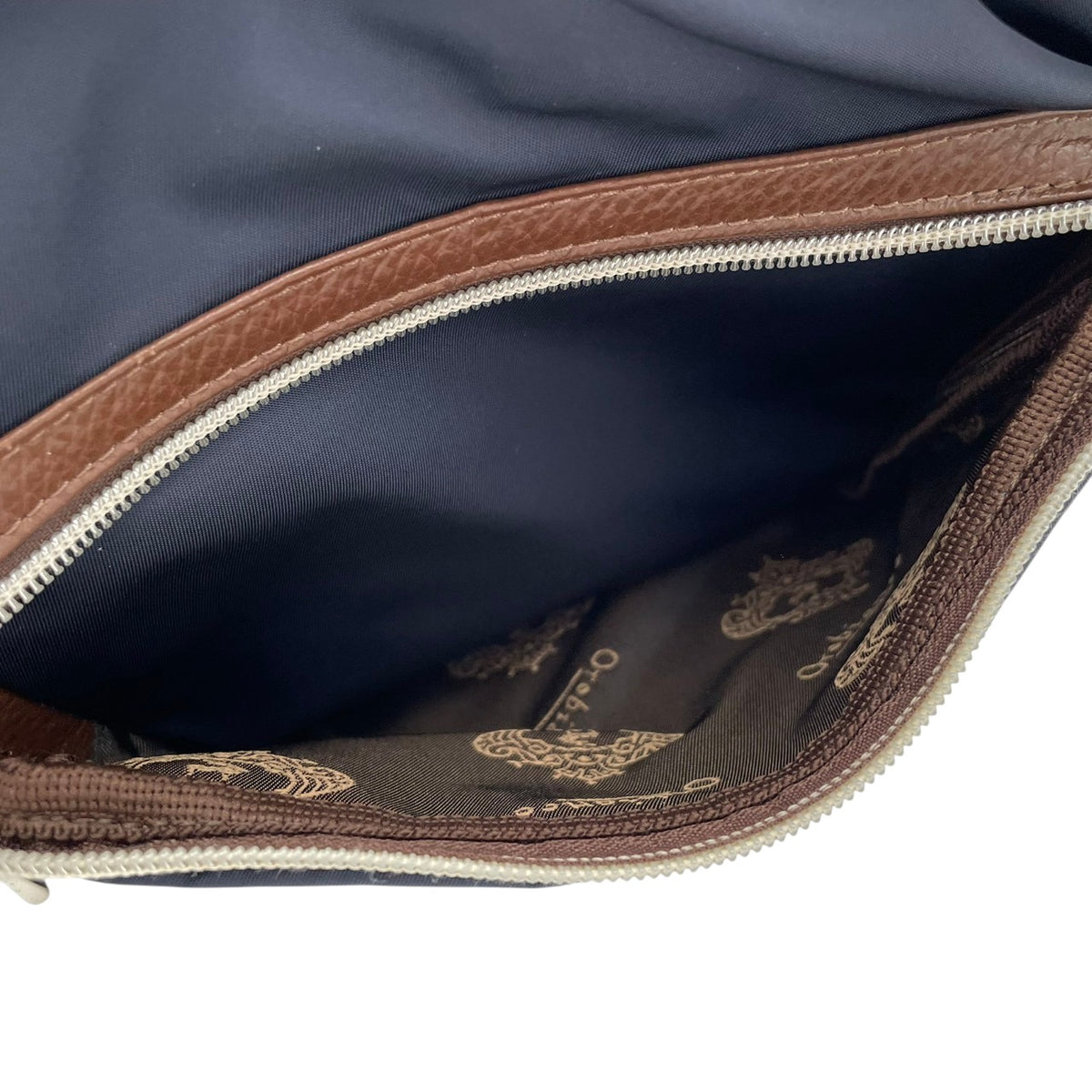 【良品】Orobianco オロビアンコ 2WAY ショルダーバッグ ハンドバッグ ナイロン レザー ネイビー 紺 ブラウン 茶 斜め掛け 肩掛け A4収納可能 軽量 ビジネス カジュアル メンズ レディース カバン 鞄 S98ｖ