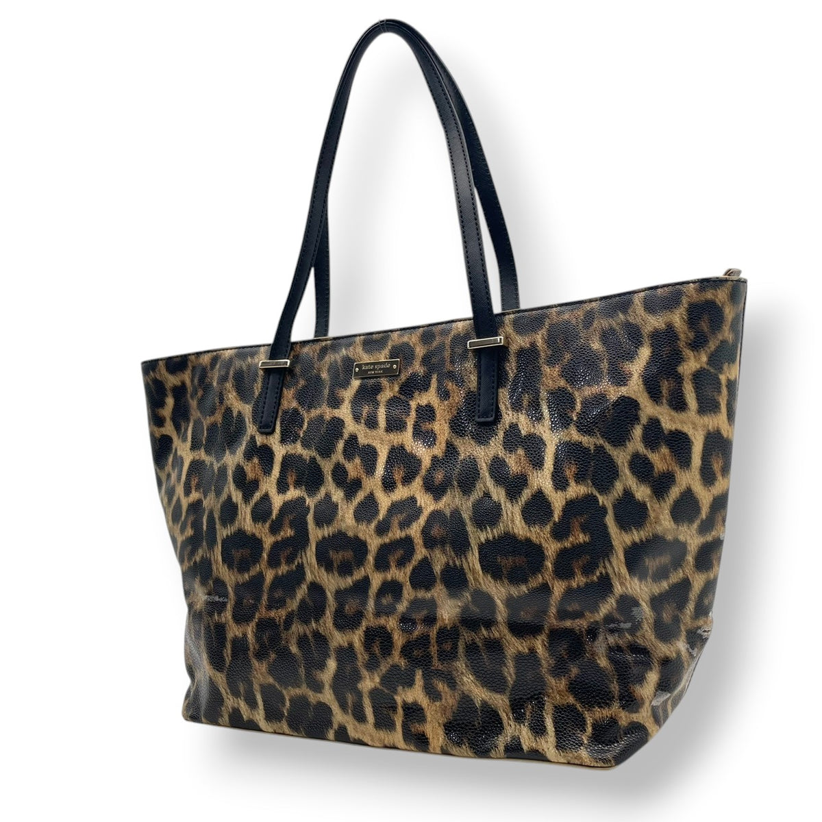 【良品】kate spade ケイトスペード トートバッグ ハンドバッグ レオパード柄 ヒョウ柄 アニマル柄 コーティングキャンバス パテントレザー ブラウン ブラック 肩掛け A4収納可能 大容量 レディース S83