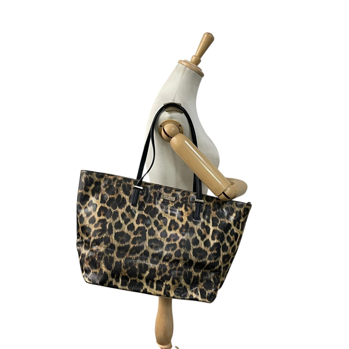 【良品】kate spade ケイトスペード トートバッグ ハンドバッグ レオパード柄 ヒョウ柄 アニマル柄 コーティングキャンバス パテントレザー ブラウン ブラック 肩掛け A4収納可能 大容量 レディース S83
