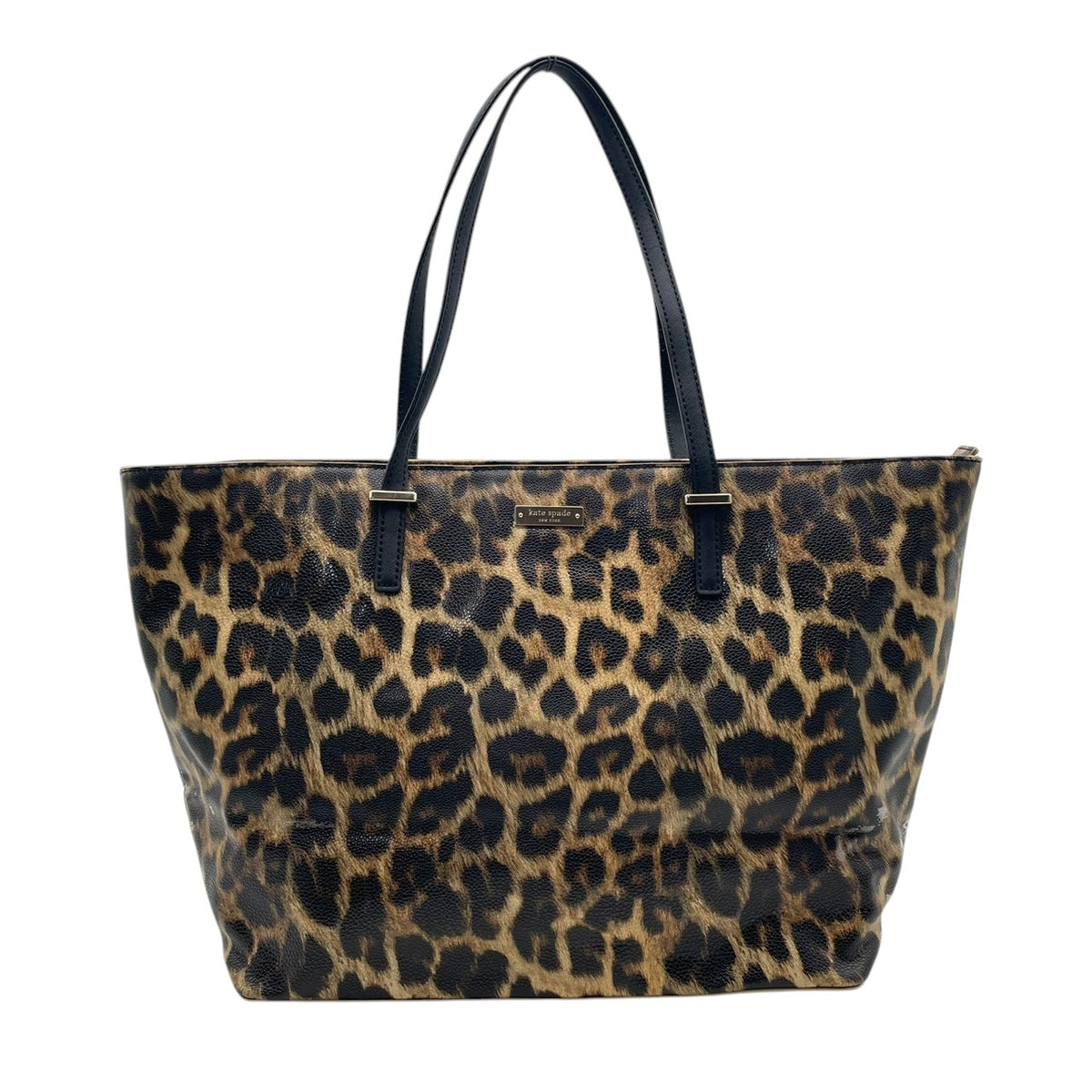 【良品】kate spade ケイトスペード トートバッグ ハンドバッグ レオパード柄 ヒョウ柄 アニマル柄 コーティングキャンバス パテントレザー ブラウン ブラック 肩掛け A4収納可能 大容量 レディース S83
