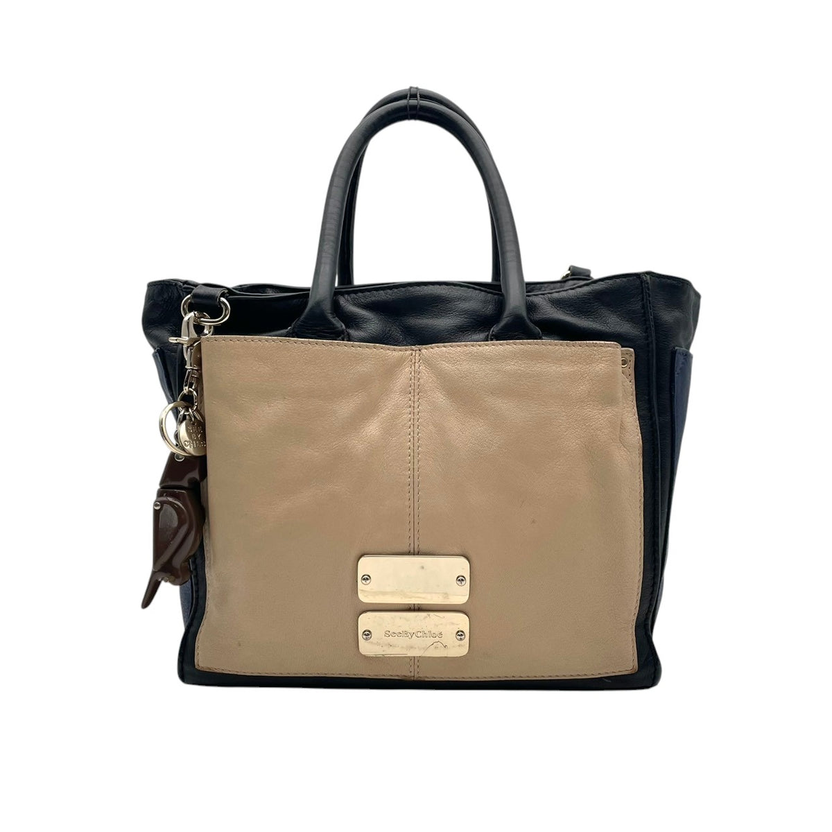 【良品】See By Chloe シーバイクロエ トートバッグ ショルダーバッグ NELLIE ネリー 2WAY ハンドバッグ レザー ベージュ ブラック 黒 ネイビー マルチカラー 斜め掛け 肩掛け チャーム付き レディース S83