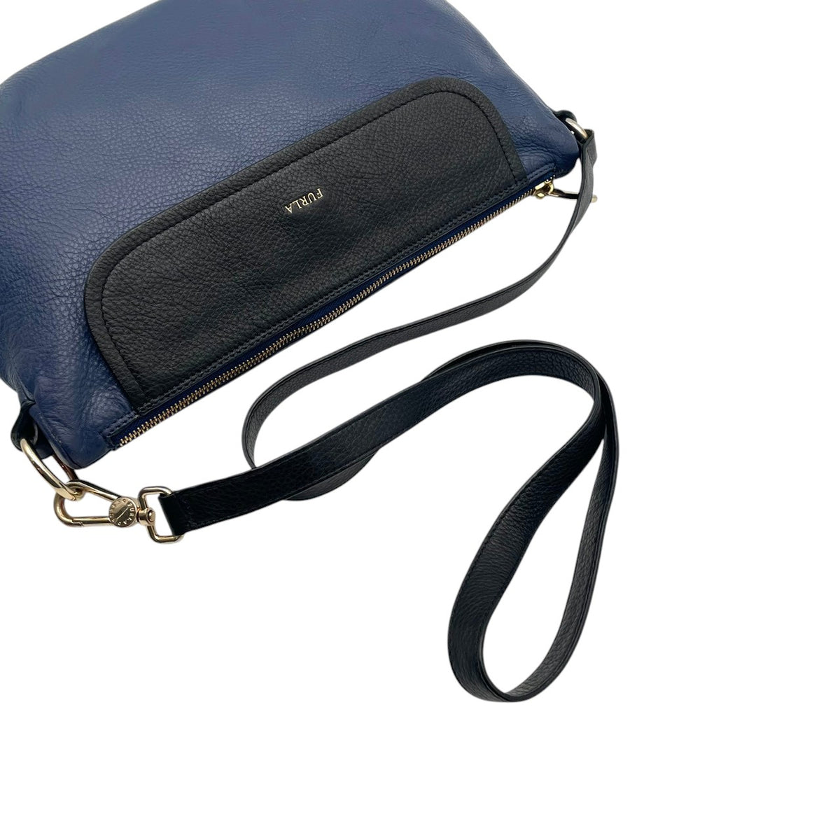 【良品】FURLA フルラ ショルダーバッグ ハーフムーン レザー ネイビー 紺 ブラック 黒 バイカラー クロスボディ 斜め掛け 肩掛け フラップ シボ革 エレガント カジュアル チャーム金具 レディース S83