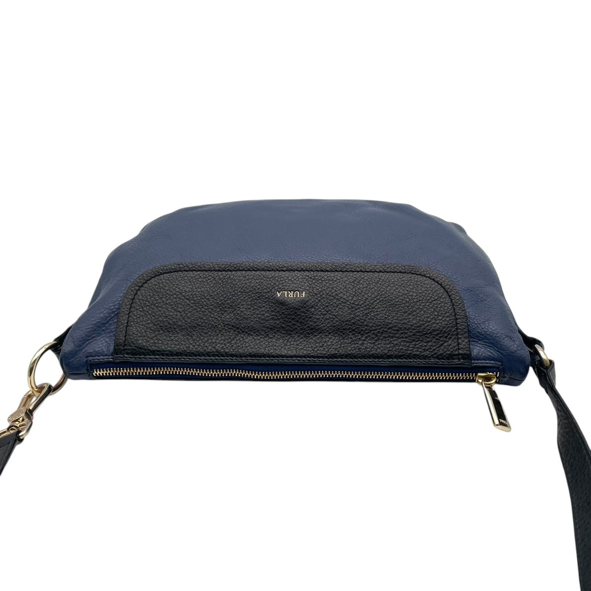 【良品】FURLA フルラ ショルダーバッグ ハーフムーン レザー ネイビー 紺 ブラック 黒 バイカラー クロスボディ 斜め掛け 肩掛け フラップ シボ革 エレガント カジュアル チャーム金具 レディース S83
