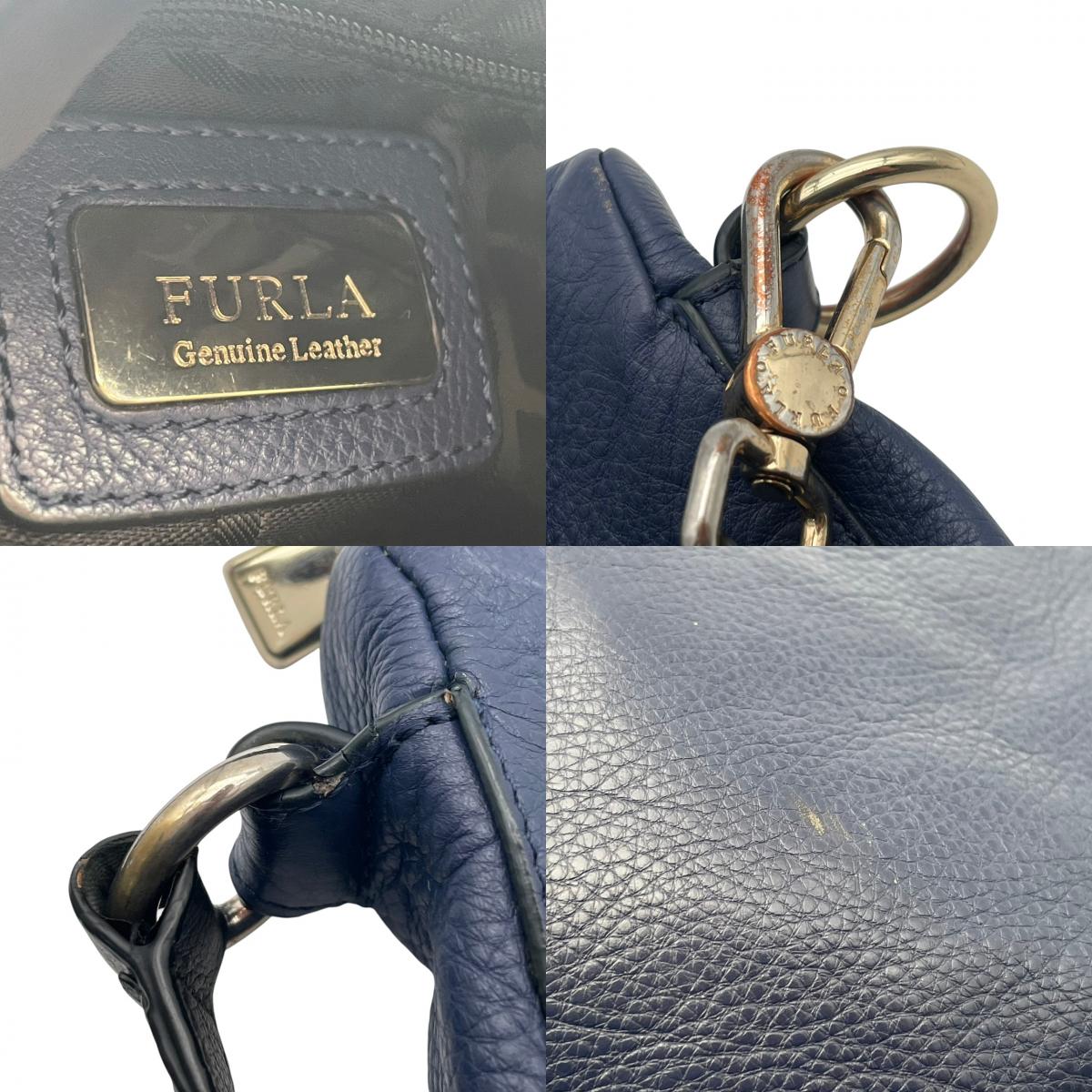 【良品】FURLA フルラ ショルダーバッグ ハーフムーン レザー ネイビー 紺 ブラック 黒 バイカラー クロスボディ 斜め掛け 肩掛け フラップ シボ革 エレガント カジュアル チャーム金具 レディース S83