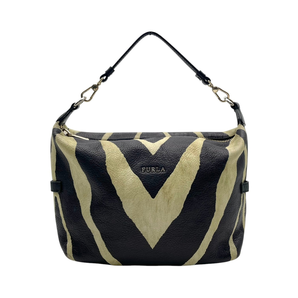【良品】FURLA フルラ ショルダーバッグ ハンドバッグ 2WAY ゼブラ柄 アニマル柄 シボ革 レザー ブラック 黒 ホワイト 白 斜め掛け 肩掛け 手提げ エレガント モード カジュアル レディース カバン 鞄 S83