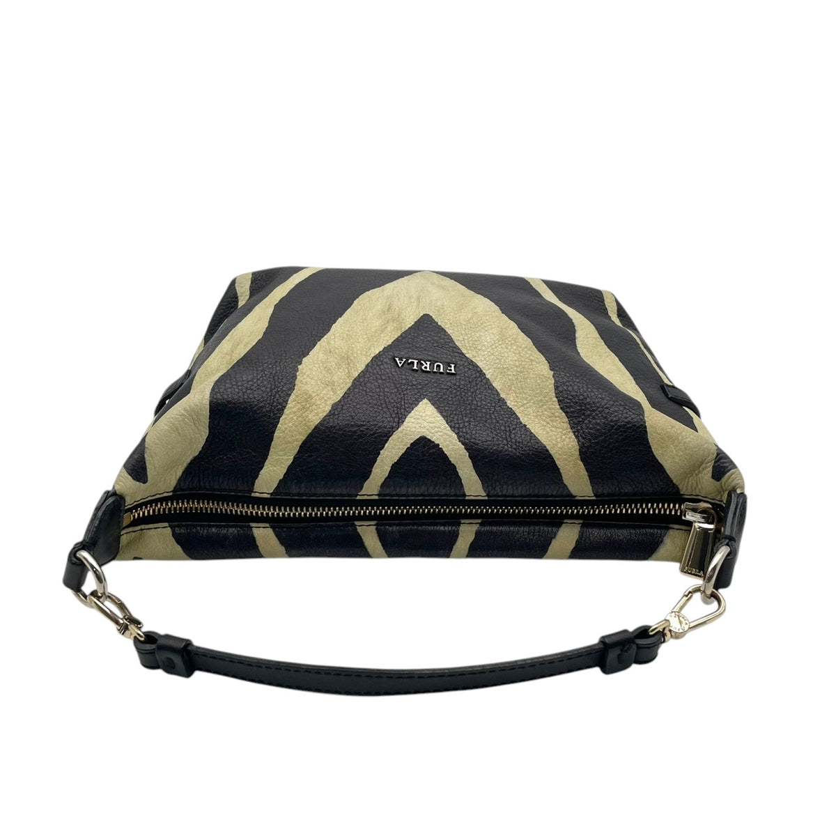 【良品】FURLA フルラ ショルダーバッグ ハンドバッグ 2WAY ゼブラ柄 アニマル柄 シボ革 レザー ブラック 黒 ホワイト 白 斜め掛け 肩掛け 手提げ エレガント モード カジュアル レディース カバン 鞄 S83