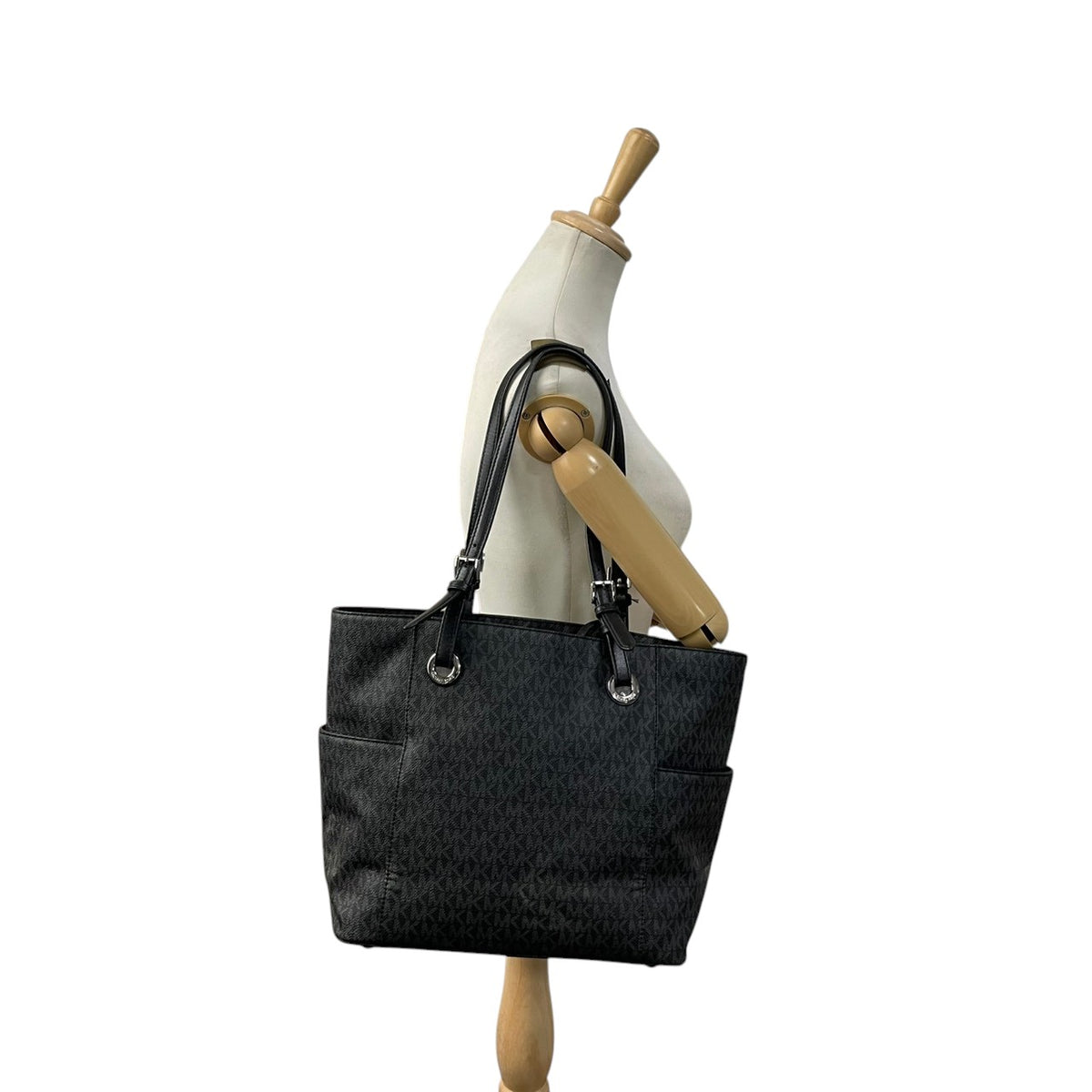 美品 MICHAEL KORS マイケルコース トートバッグ JET SET ITEM EW シグネチャー グレー PVC レザー MKロゴ チャーム シルバー金具 肩掛け 大容量 通勤 ビジネス レディース エレガント S83