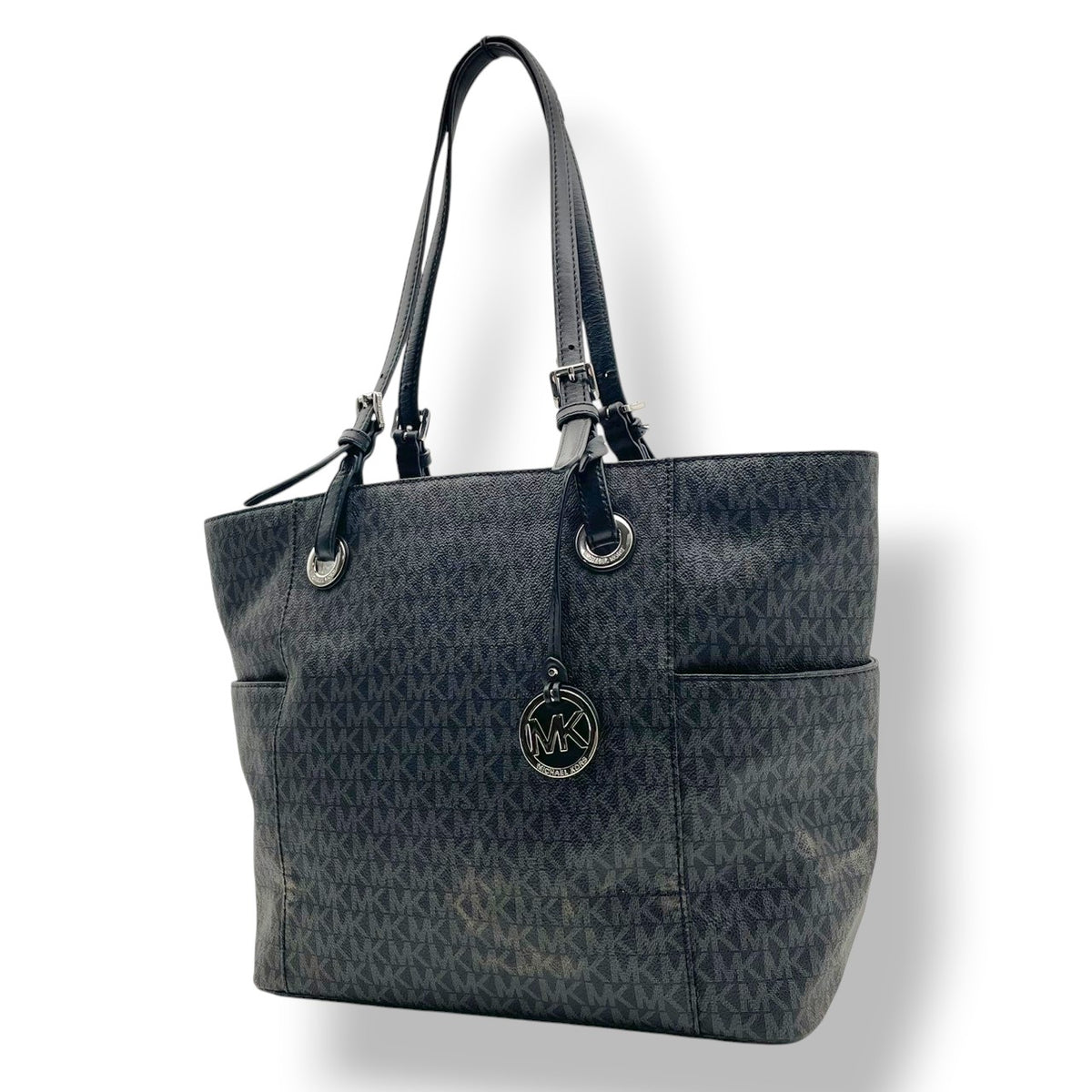 美品 MICHAEL KORS マイケルコース トートバッグ JET SET ITEM EW シグネチャー グレー PVC レザー MKロゴ チャーム シルバー金具 肩掛け 大容量 通勤 ビジネス レディース エレガント S83