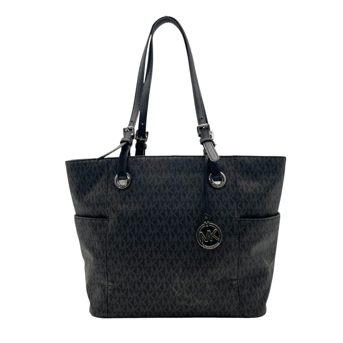 美品 MICHAEL KORS マイケルコース トートバッグ JET SET ITEM EW シグネチャー グレー PVC レザー MKロゴ チャーム シルバー金具 肩掛け 大容量 通勤 ビジネス レディース エレガント S83