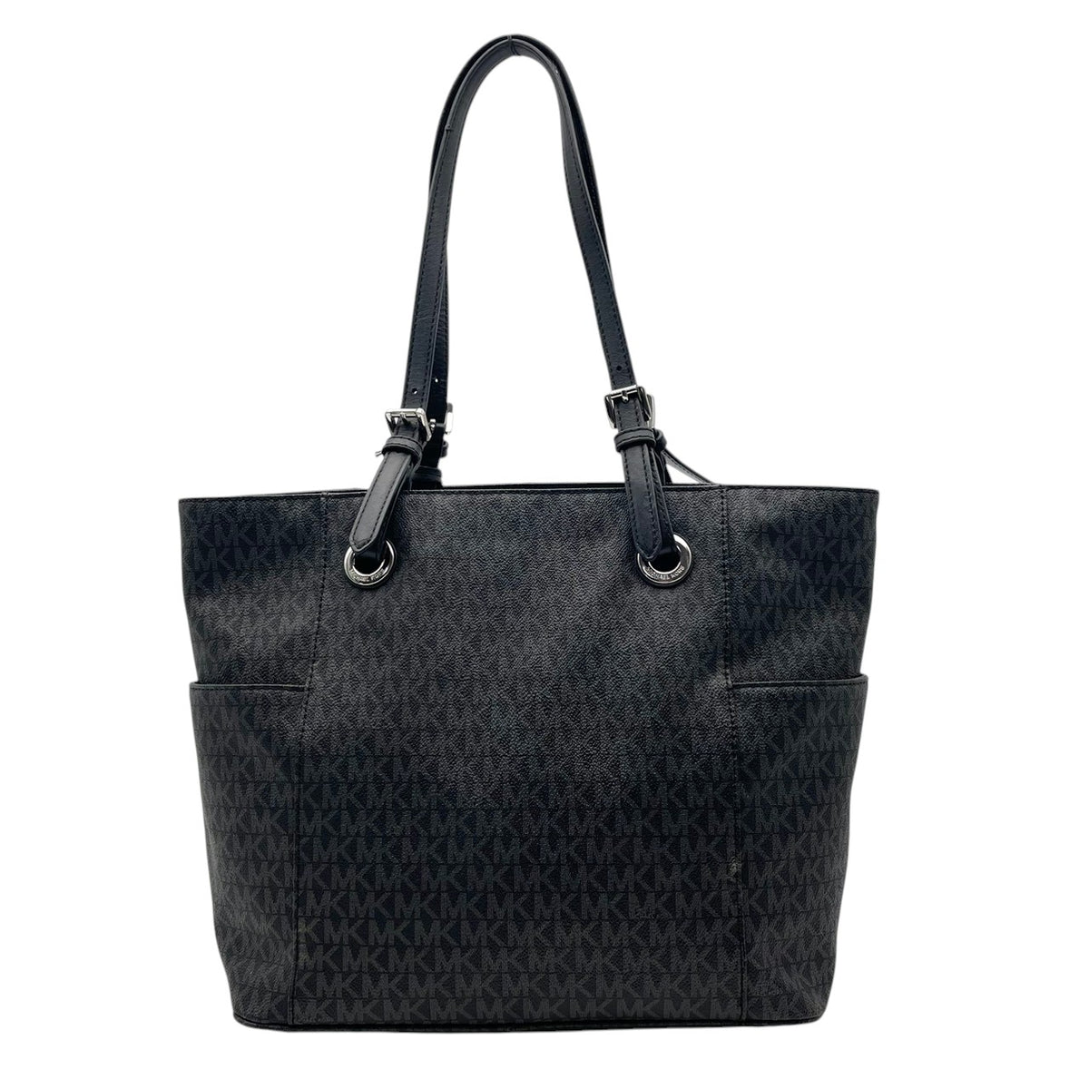 美品 MICHAEL KORS マイケルコース トートバッグ JET SET ITEM EW シグネチャー グレー PVC レザー MKロゴ チャーム シルバー金具 肩掛け 大容量 通勤 ビジネス レディース エレガント S83