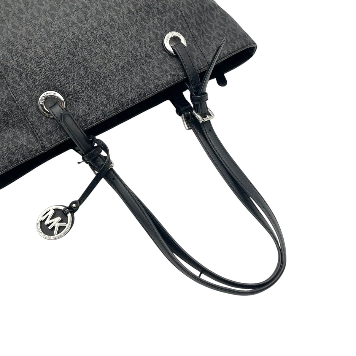 美品 MICHAEL KORS マイケルコース トートバッグ JET SET ITEM EW シグネチャー グレー PVC レザー MKロゴ チャーム シルバー金具 肩掛け 大容量 通勤 ビジネス レディース エレガント S83