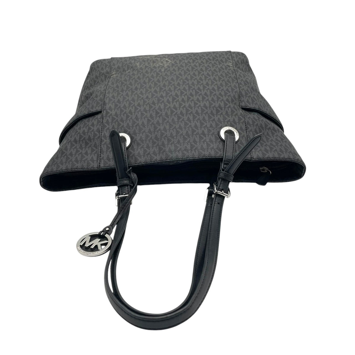 美品 MICHAEL KORS マイケルコース トートバッグ JET SET ITEM EW シグネチャー グレー PVC レザー MKロゴ チャーム シルバー金具 肩掛け 大容量 通勤 ビジネス レディース エレガント S83