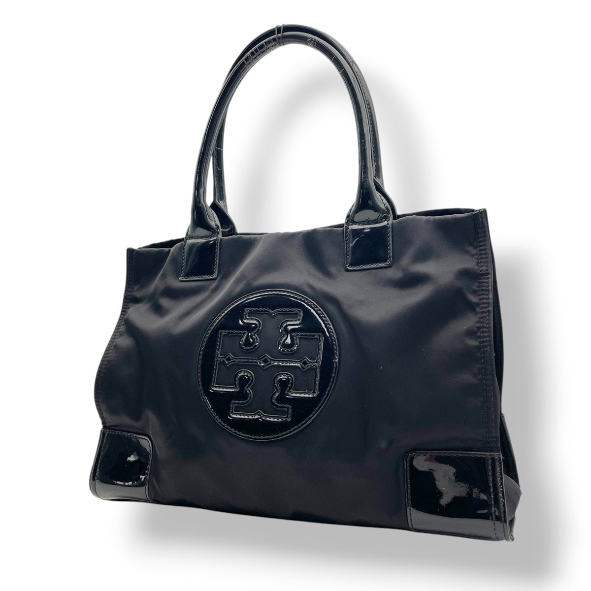 良品 TORY BURCH トリーバーチ Ella エラ トートバッグ ナイロン パテント ブラック 黒 ダブルT ビッグロゴ ハンドバッグ 肩掛け A4収納 大容量 軽量 レディース 通勤 通学 ビジネス 旅行 エレガント S83