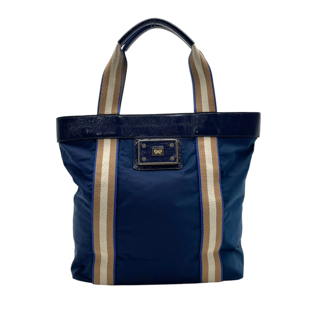 良品 ANYA HINDMARCH アニヤハインドマーチ トートバッグ ネイビー ナイロン パテントレザー ストライプ リボンロゴ ボウロゴ ハンドバッグ 肩掛け A4収納 大容量 軽量 レディース 通勤 通学 ビジネス エレガント 上品 S84