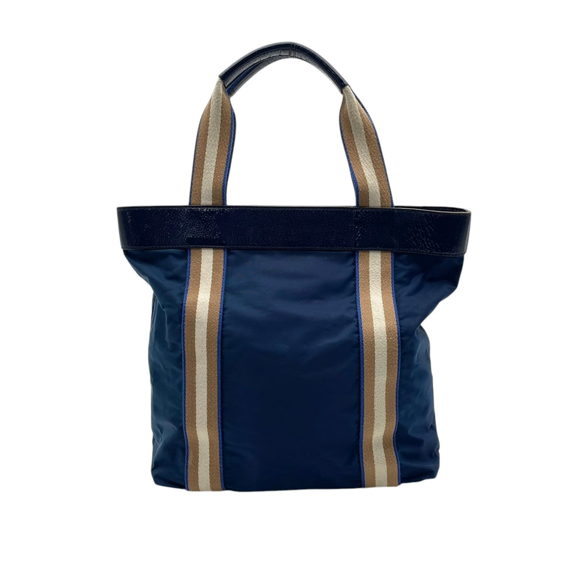 良品 ANYA HINDMARCH アニヤハインドマーチ トートバッグ ネイビー ナイロン パテントレザー ストライプ リボンロゴ ボウロゴ ハンドバッグ 肩掛け A4収納 大容量 軽量 レディース 通勤 通学 ビジネス エレガント 上品 S84